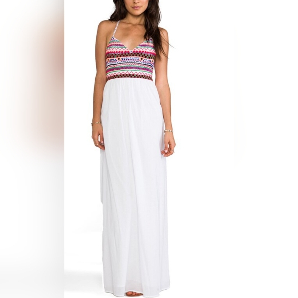 NWT PIA PAURO Chic White Maxi Dress with Colorful Bodice